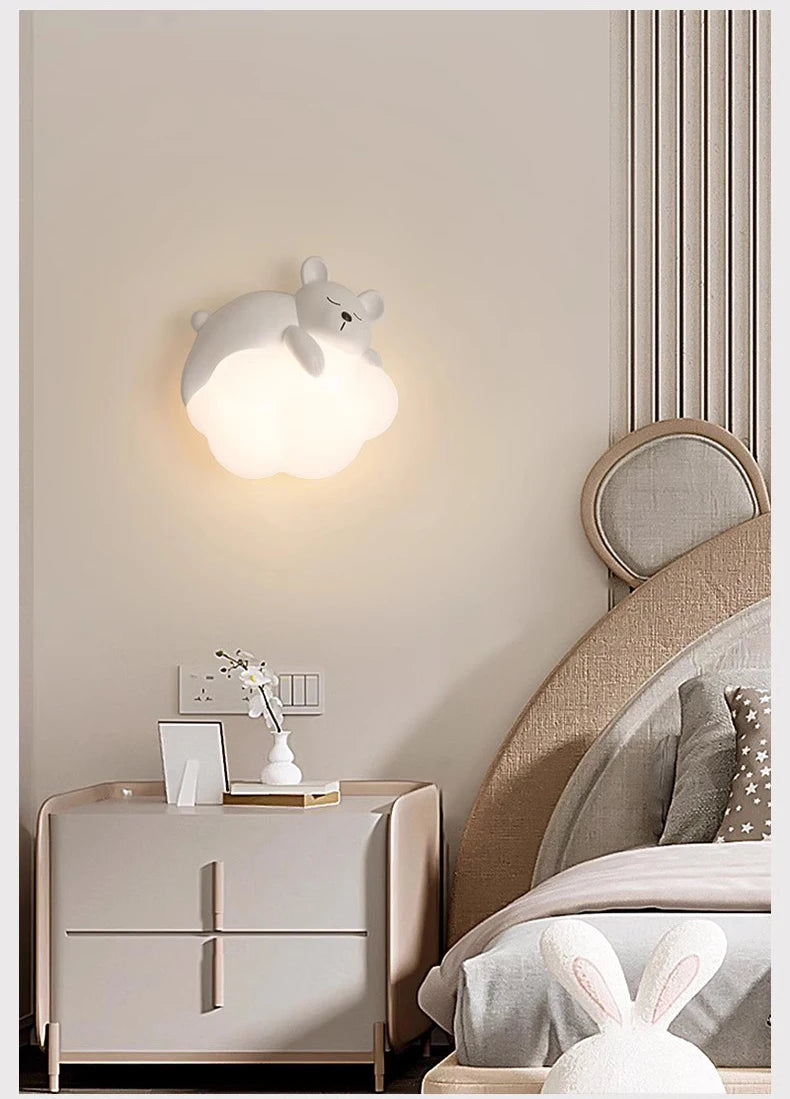 Cute Children's Room Bedside Wall Lamp Bear Rabbit Cloud Lamp Creative Cream Style Baby Room Nursery Boy Girl Bedroom Wall Light