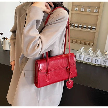Fashion Red Shoulder Bags For Women Trendy Textured Solid Color Handbag Autumn Winter Versatile Female Underarm Pack