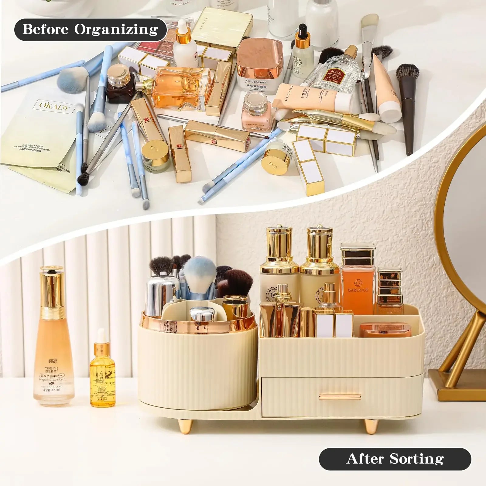 Makeup Brush Holder Large Capacity Skincare Organizer Makeup Organizer Countertop with Drawers 360 Rotating for Vanity Desk NEW
