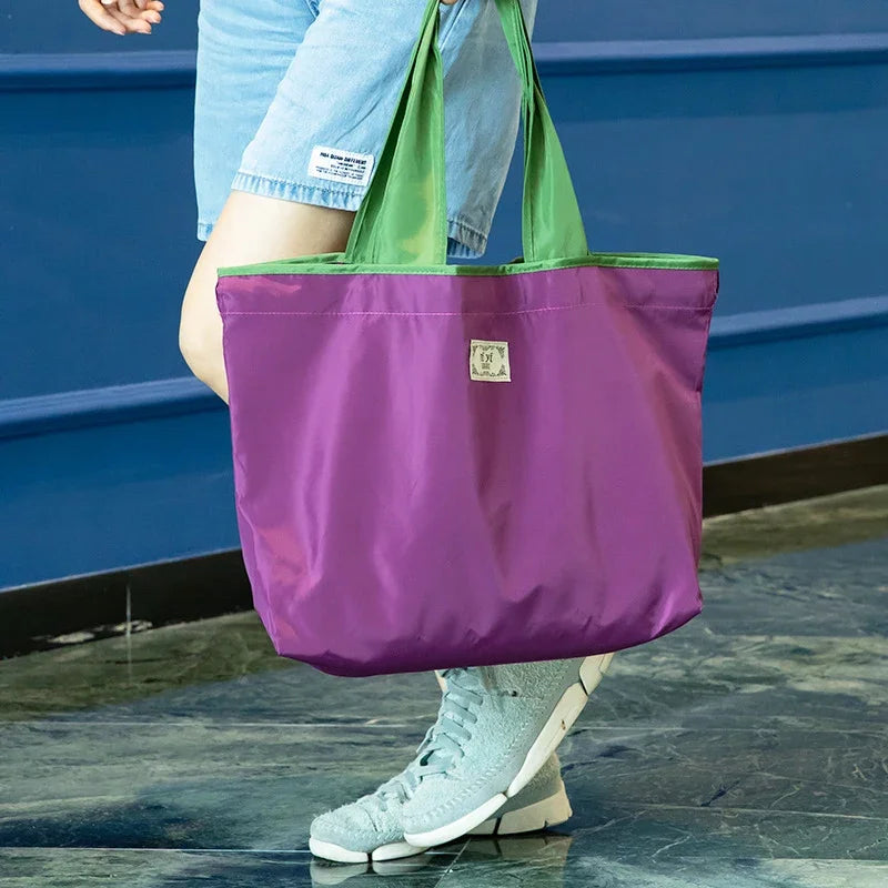 Women Fashion Shopping Bag Eco Large Polyester Beach Bag Tote Large Capacity Reusable Drawstring Bag Nylon Foldable Grocery Bag