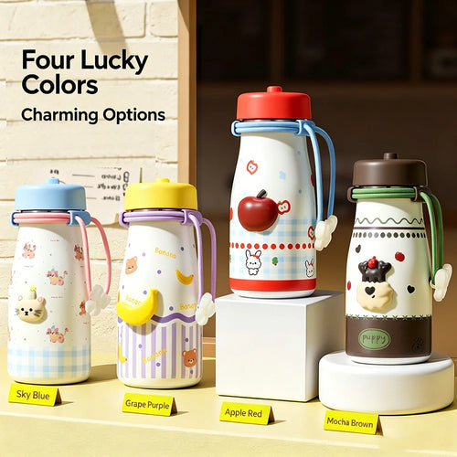 600ml Cute Cartoon Stainless Steel Water Bottle Leakproof Double Wall Insulated Tumbler with Portable Lanyard Students Outdoor