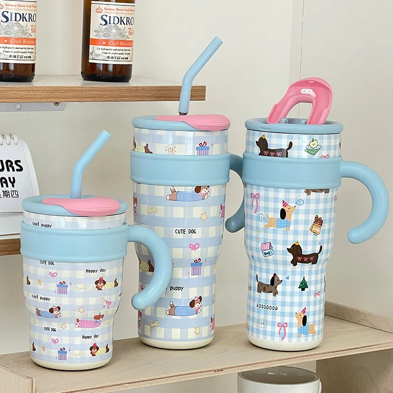 700/1200ml Large Capacity Straw Thermos Cup Stainless Steel Tumbler Bottle Car Travel Mugs With Handle Kawaii Thermos Cup Gift