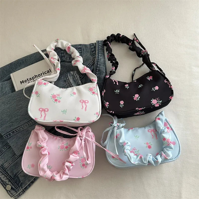 Women's Bag Summer Canvas Pleated Handlebags Armpit Bag Korean Floral Bow Printed Zipper Tote Bag Female Small Shoulder Bags