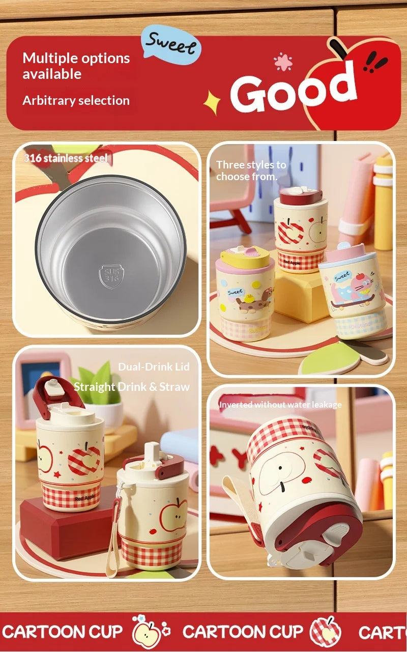 Cute Double Opening Insulated Tumbler for Women & Children with Straw and Sip Lid Portable Coffee Water Bottle Gift Idea