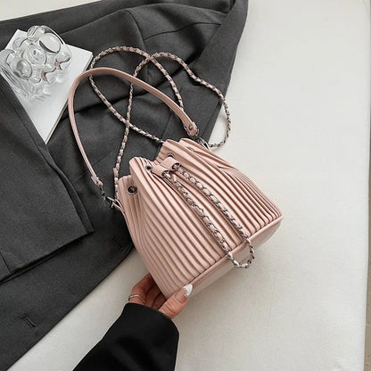 Black Bag For Women Fashion Pleated Strape Design Shoulder Bag Trend Drawstring Bucket Crossbody