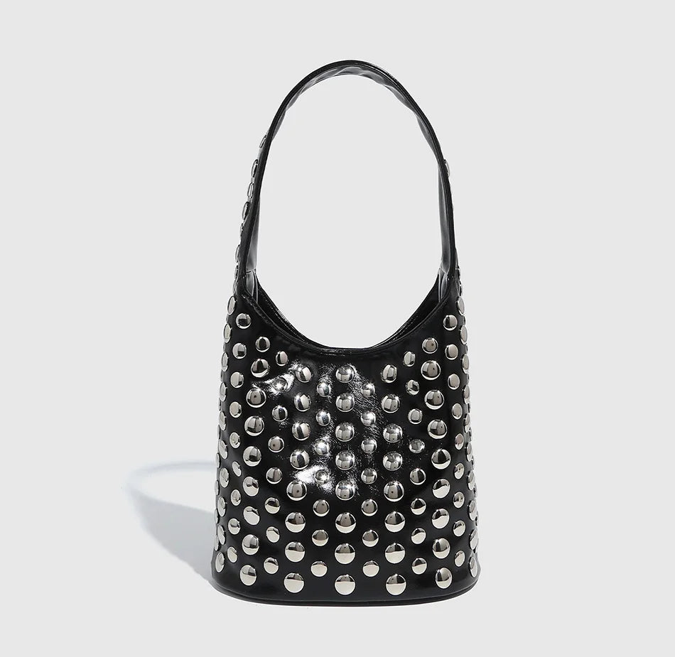 Women's Bags Punk Style Embellished Double-Faced Round Rivet Inlaid Niche Luxury Bucket Bag Chic Lady Underarm Shoulder Bag