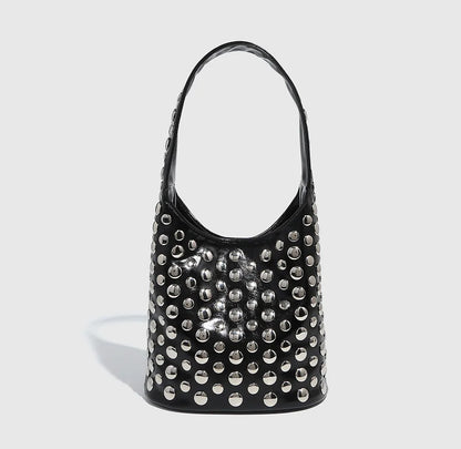 Women's Bags Punk Style Embellished Double-Faced Round Rivet Inlaid Niche Luxury Bucket Bag Chic Lady Underarm Shoulder Bag