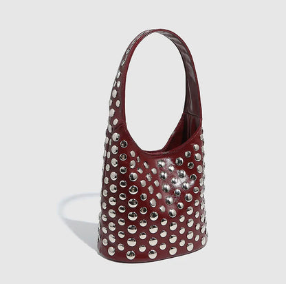 Women's Bags Punk Style Embellished Double-Faced Round Rivet Inlaid Niche Luxury Bucket Bag Chic Lady Underarm Shoulder Bag