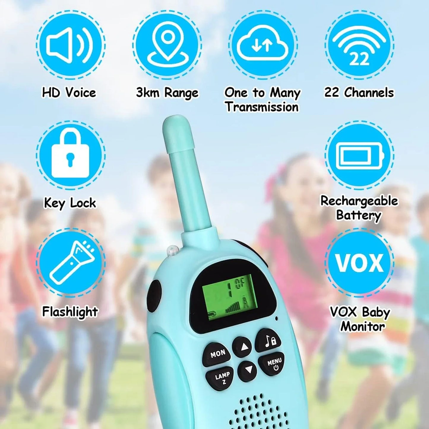 Kids Walkie Talkies 2 Pack Rechargeable Toy Two Way Radio 22 Channels 3KM Long Range for Children Outdoor Play Birthday Gifts