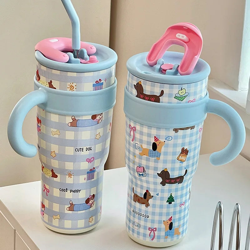 700/1200ml Large Capacity Straw Thermos Cup Stainless Steel Tumbler Bottle Car Travel Mugs With Handle Kawaii Thermos Cup Gift