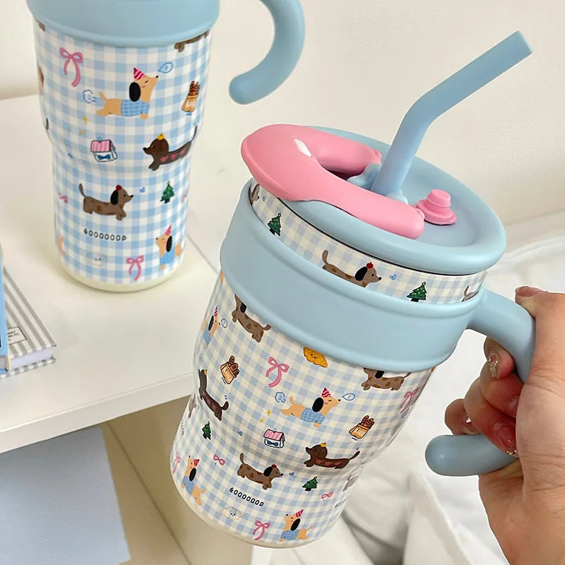 700/1200ml Large Capacity Straw Thermos Cup Stainless Steel Tumbler Bottle Car Travel Mugs With Handle Kawaii Thermos Cup Gift