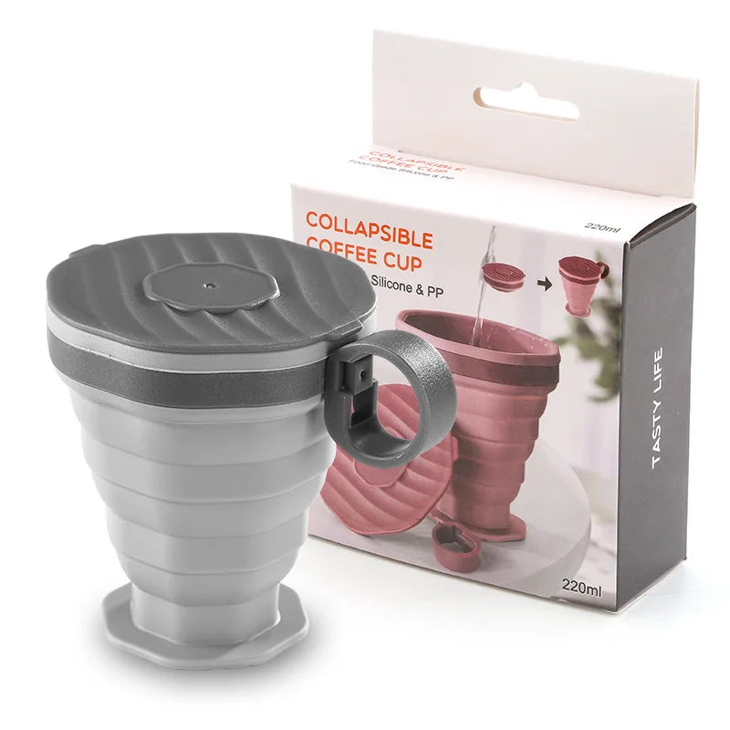 Folding Cups 220ml BPA FREE Food Grade Water Cup with lid Travel Silicone Retractable Coloured Portable Outdoor Coffee Handcup