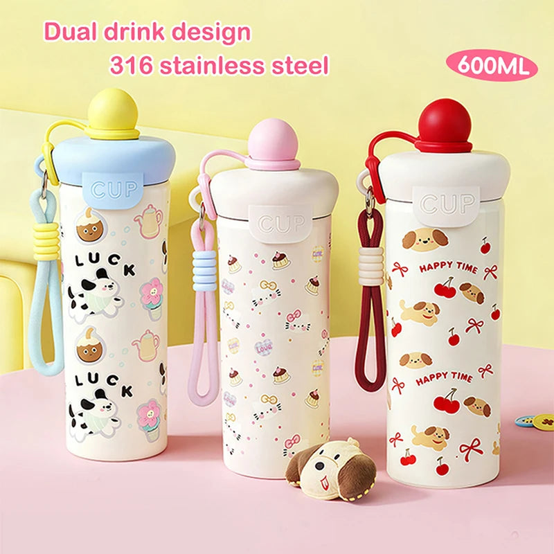 〔R〕Cartoon Animal Float Ball Water Bottle - 316 Stainless Steel Insulated Tumbler with Straw & Carry Strap for Kids and Students