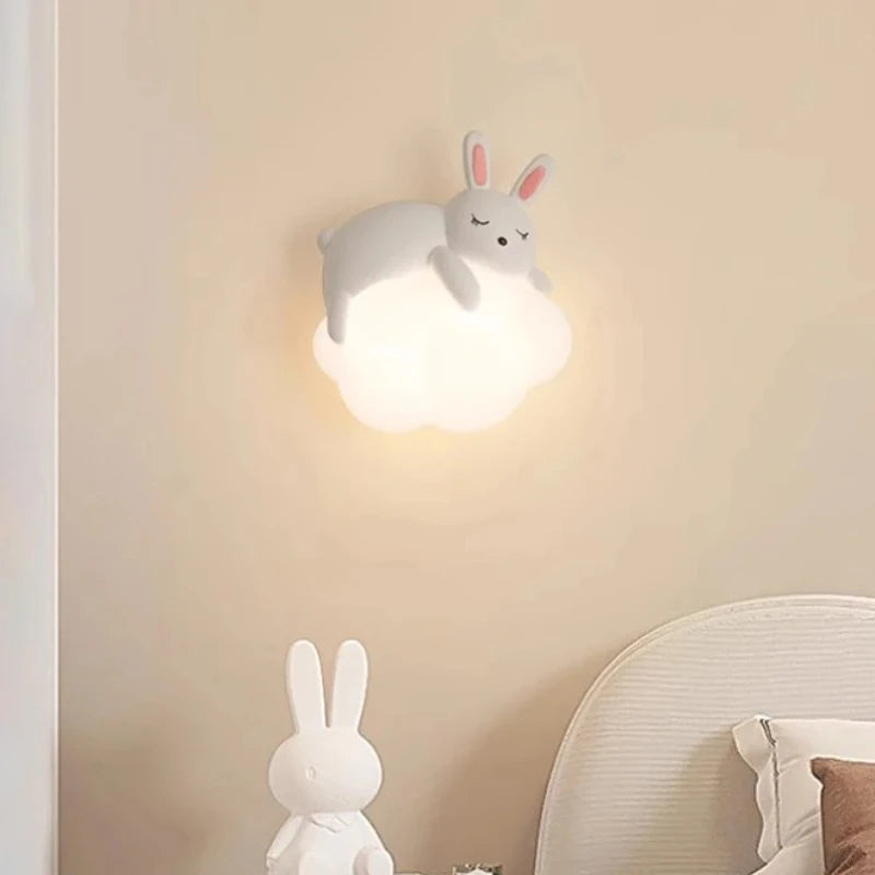 Cute Children's Room Bedside Wall Lamp Bear Rabbit Cloud Lamp Creative Cream Style Baby Room Nursery Boy Girl Bedroom Wall Light