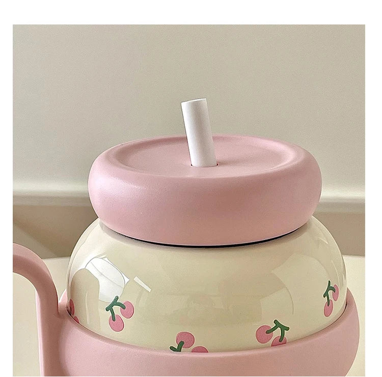 Large Capacity Insulated Cup Exquisite Printing Contrasting Straw Mugs Office Stainless Steel Portable Drinking Cups With Handle