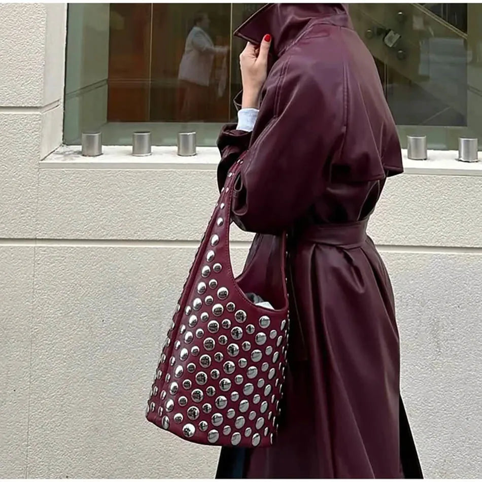 Women's Bags Punk Style Embellished Double-Faced Round Rivet Inlaid Niche Luxury Bucket Bag Chic Lady Underarm Shoulder Bag