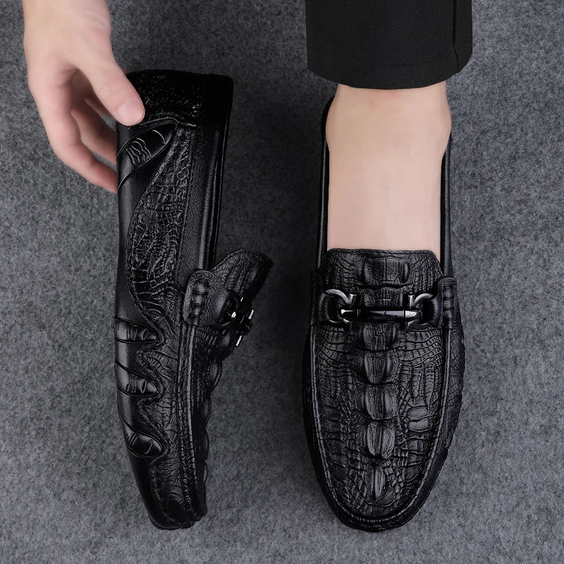 Mens Slip On Loafers Genuine Leather Casual Shoes Driving Moccasins Flats Luxury Brand Classic Black Handmade
