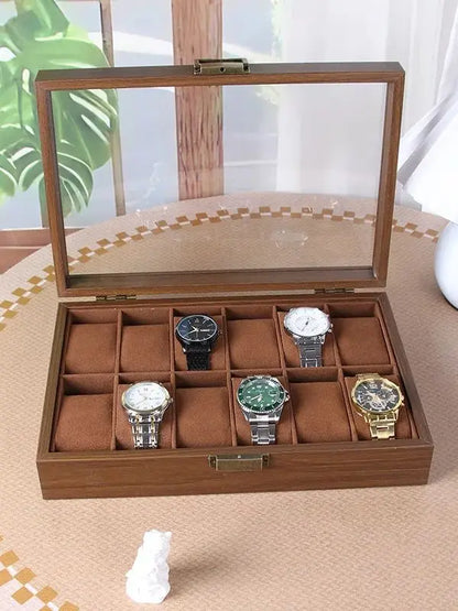 12 Slot Wooden Watch Box with Glass Lid Outside Wood Watch Display Case Gift Box Storage Organizer Props