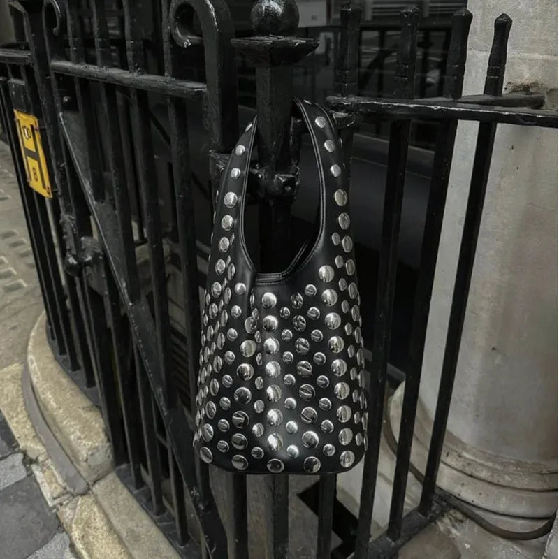 Women's Bags Punk Style Embellished Double-Faced Round Rivet Inlaid Niche Luxury Bucket Bag Chic Lady Underarm Shoulder Bag