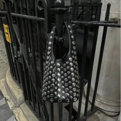 Women's Bags Punk Style Embellished Double-Faced Round Rivet Inlaid Niche Luxury Bucket Bag Chic Lady Underarm Shoulder Bag