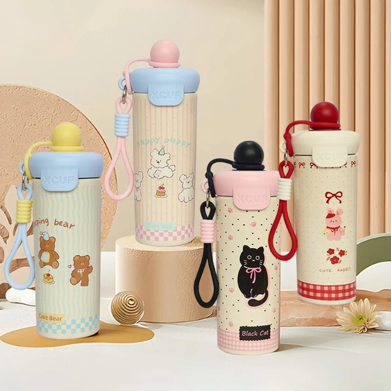 〔R〕Cartoon Animal Float Ball Water Bottle - 316 Stainless Steel Insulated Tumbler with Straw & Carry Strap for Kids and Students