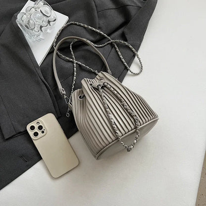 Black Bag For Women Fashion Pleated Strape Design Shoulder Bag Trend Drawstring Bucket Crossbody