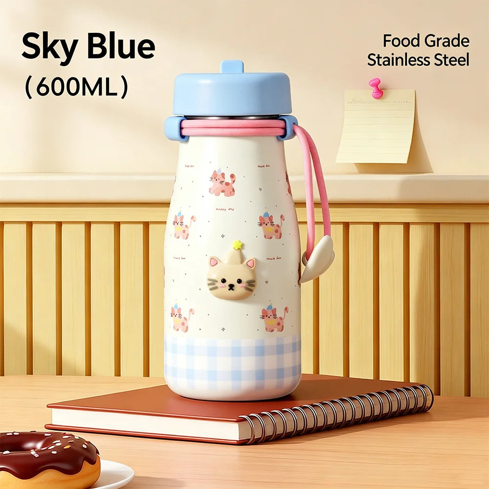 600ml Cute Cartoon Stainless Steel Water Bottle Leakproof Double Wall Insulated Tumbler with Portable Lanyard Students Outdoor