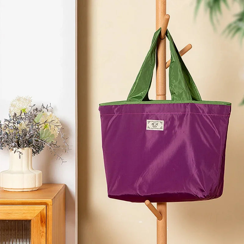 Women Fashion Shopping Bag Eco Large Polyester Beach Bag Tote Large Capacity Reusable Drawstring Bag Nylon Foldable Grocery Bag