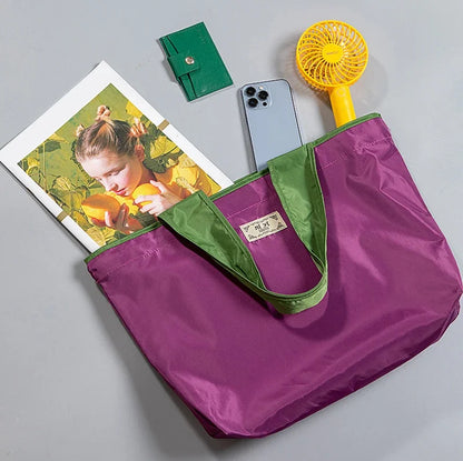 Women Fashion Shopping Bag Eco Large Polyester Beach Bag Tote Large Capacity Reusable Drawstring Bag Nylon Foldable Grocery Bag