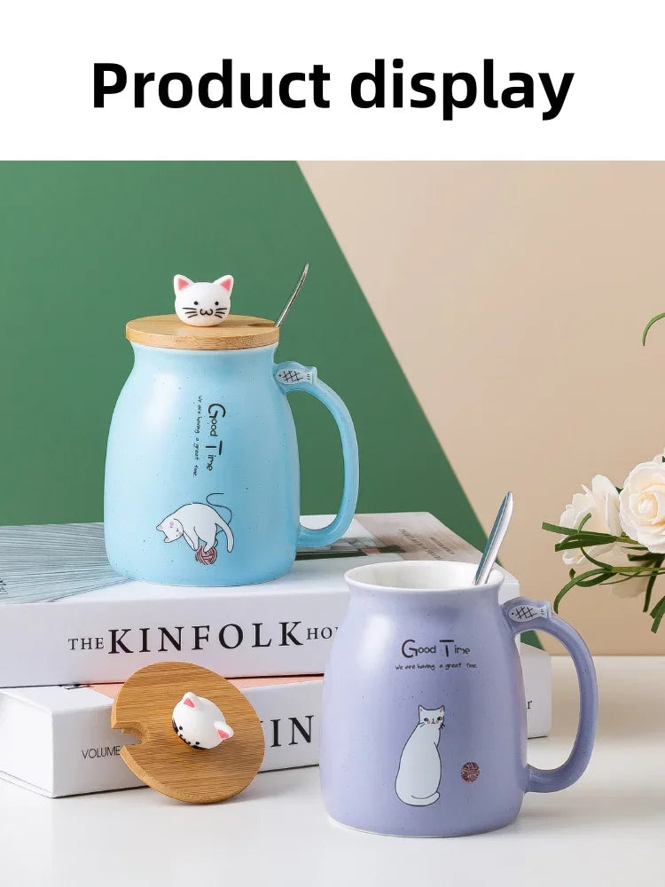 Cute Cartoon Ceramic Cup Japanese Coffee Mug with Wooden Lid and Spoon Iced Yogurt Smoothie Juice Cup Heat-resistant Water Mug