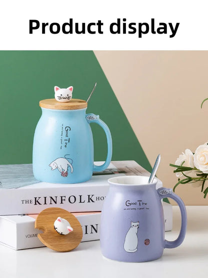 Cute Cartoon Ceramic Cup Japanese Coffee Mug with Wooden Lid and Spoon Iced Yogurt Smoothie Juice Cup Heat-resistant Water Mug