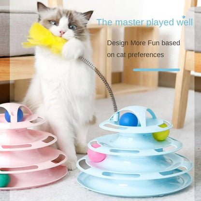 Turnable Toys 4 Levels for Cats Accessories Tower Tracks with Balls Cat Toy Interactive Intelligence Training with Fun Cat Stick