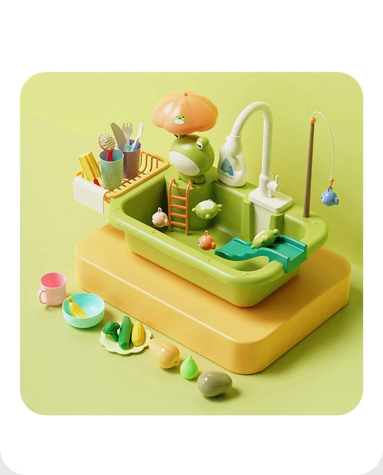 Electric Kitchen Sink Toys for Boys Girl Simulated Faucet Dishwasher Pretend Play Kitchen Set Food Vegetable Role Play Kid Gifts