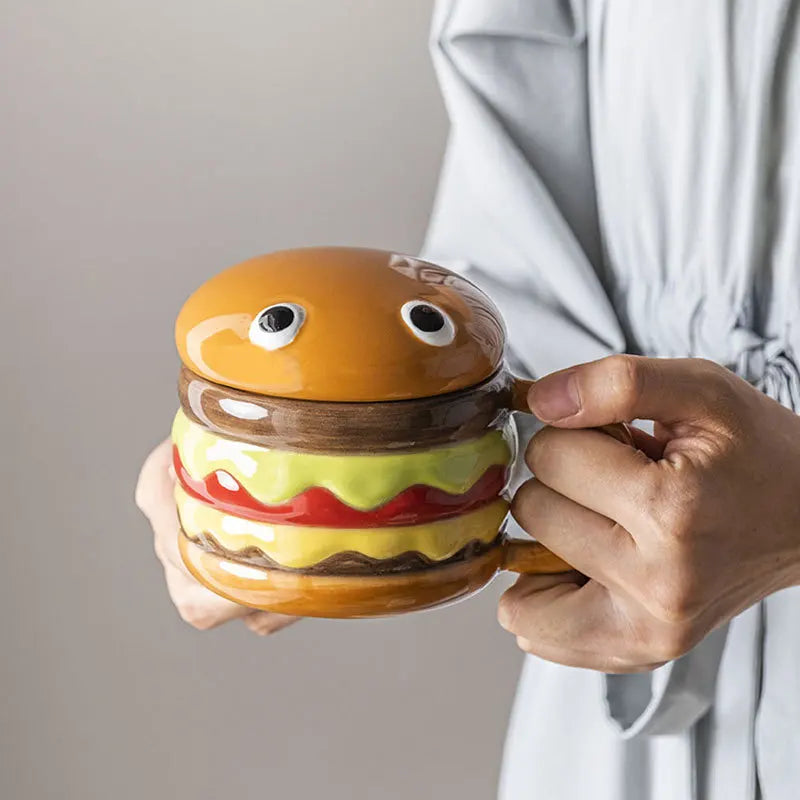 300ml Ceramic Cup Creative Hamburger Coffee Cup Cute Cartoon Children's Mug Breakfast Oatmeal Milk Cups with Lid Home Cups