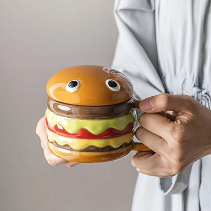 300ml Ceramic Cup Creative Hamburger Coffee Cup Cute Cartoon Children's Mug Breakfast Oatmeal Milk Cups with Lid Home Cups