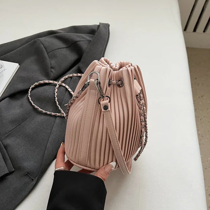 Black Bag For Women Fashion Pleated Strape Design Shoulder Bag Trend Drawstring Bucket Crossbody
