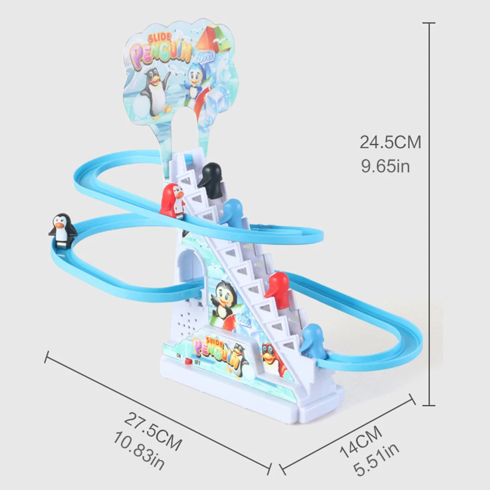 Kids Electric Climbing Stairs Toy DIY Small Penguin Dinosaur Rail Racing Track Music Roller Coaster Duck Toy For Baby Kids Gift