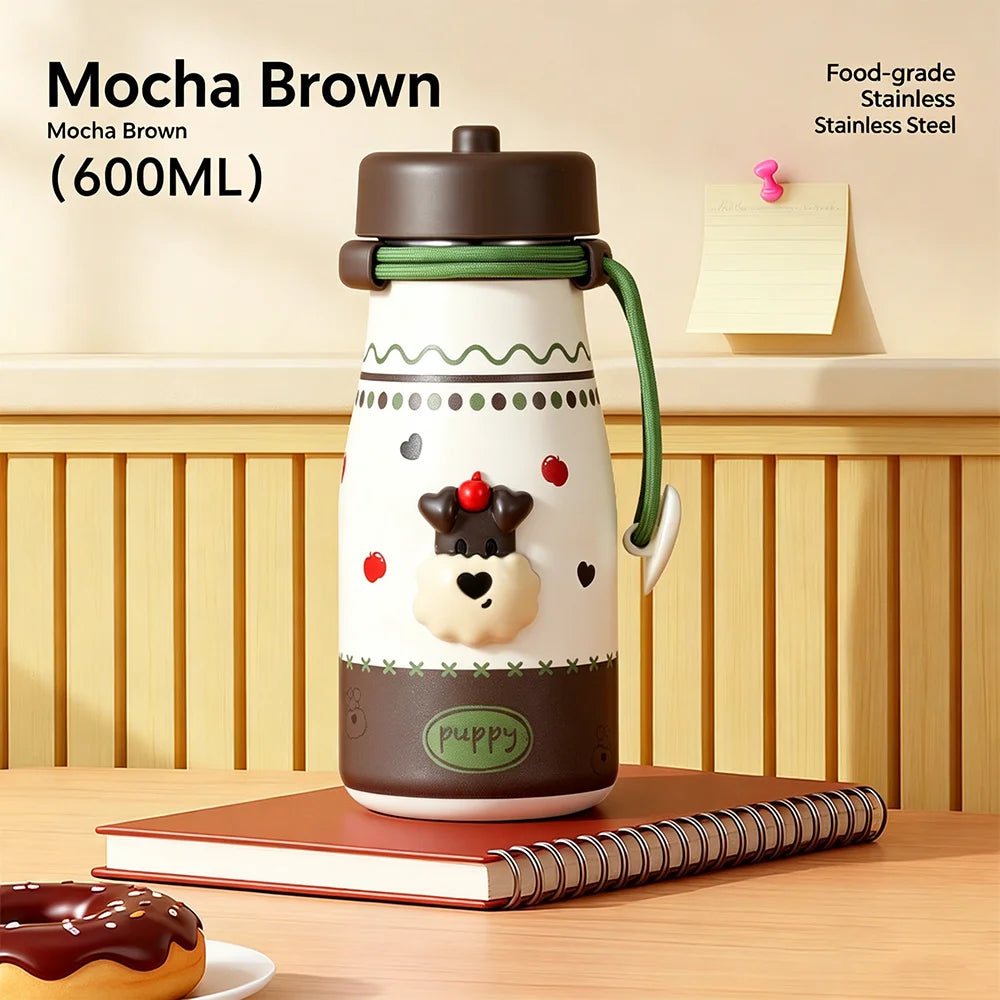 600ml Cute Cartoon Stainless Steel Water Bottle Leakproof Double Wall Insulated Tumbler with Portable Lanyard Students Outdoor