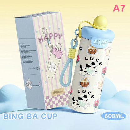 Cartoon Animal Float Ball Water Bottle - 316 Stainless Steel Insulated Tumbler with Straw & Carry Strap for Kids and Students