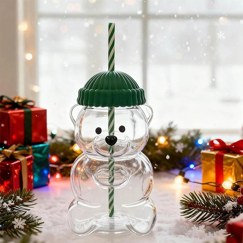 Transparent Bear Shape Plastic Or Glass Cup With Straw Coffee Mug For Men Women Birthday Christmas Gift Beverage Milk Tea Cup