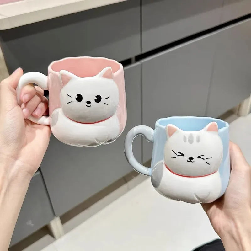 3D Embossed Ceramic Cup Cute Cat Coffee Milk Tea Breakfast Handle Cup Tableware Novelty Gift Home 500ml Mug