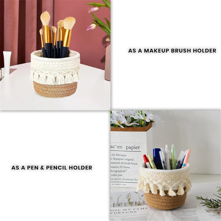 LMETJMA Macrame Makeup Organizer Boho Wicker Pencil Holder Makeup Brush Holder Organizer Comb Brushes Mini Storage Basket