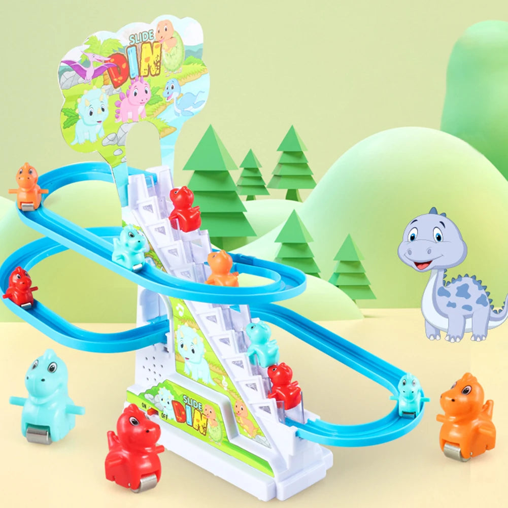 Kids Electric Climbing Stairs Toy DIY Small Penguin Dinosaur Rail Racing Track Music Roller Coaster Duck Toy For Baby Kids Gift