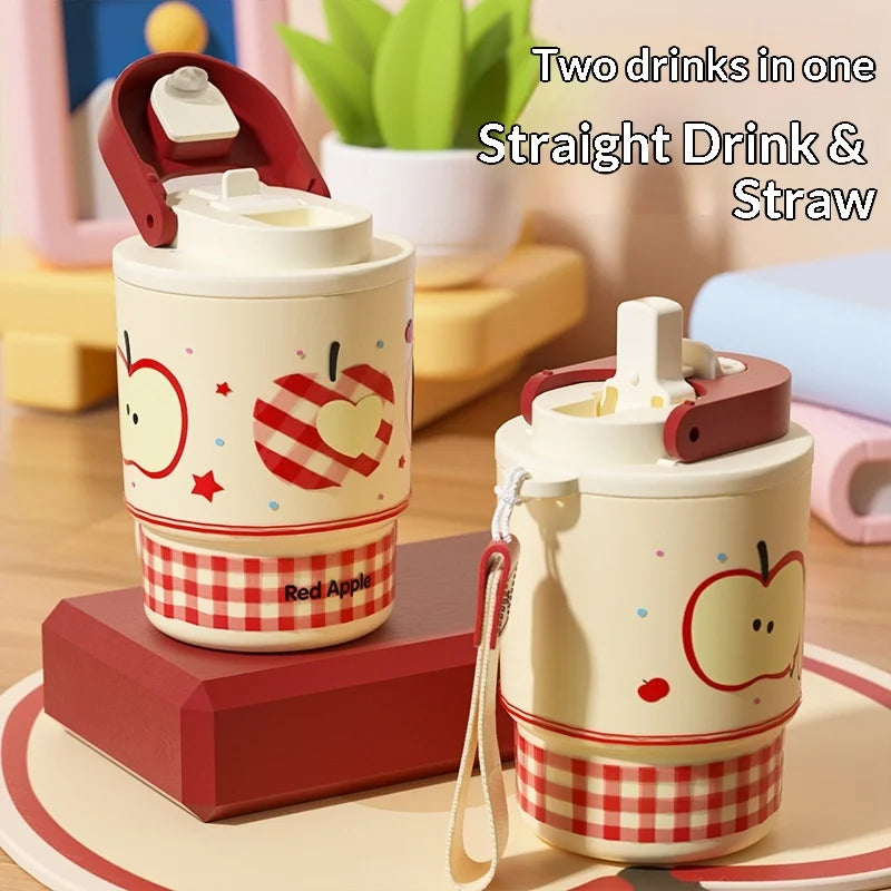 Cute Double Opening Insulated Tumbler for Women & Children with Straw and Sip Lid Portable Coffee Water Bottle Gift Idea