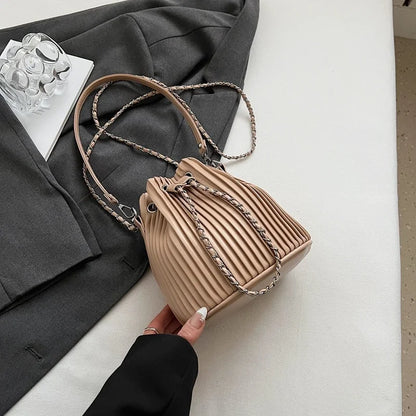Black Bag For Women Fashion Pleated Strape Design Shoulder Bag Trend Drawstring Bucket Crossbody