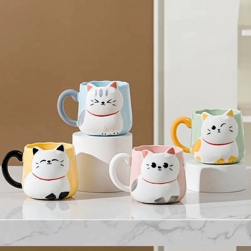 3D Embossed Ceramic Cup Cute Cat Coffee Milk Tea Breakfast Handle Cup Tableware Novelty Gift Home 500ml Mug