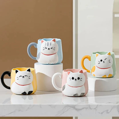 3D Embossed Ceramic Cup Cute Cat Coffee Milk Tea Breakfast Handle Cup Tableware Novelty Gift Home 500ml Mug