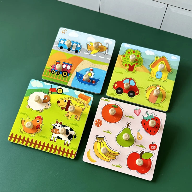 Baby Toys Montessori Wooden Puzzles Hand Grab Boards Toys Kids Early Learning Educational Cartoon Animal Fruit Vehicle Cognitive