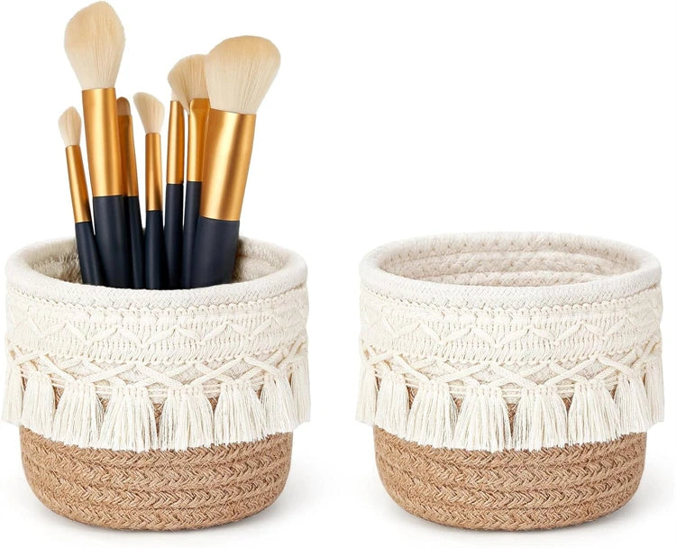 LMETJMA Macrame Makeup Organizer Boho Wicker Pencil Holder Makeup Brush Holder Organizer Comb Brushes Mini Storage Basket