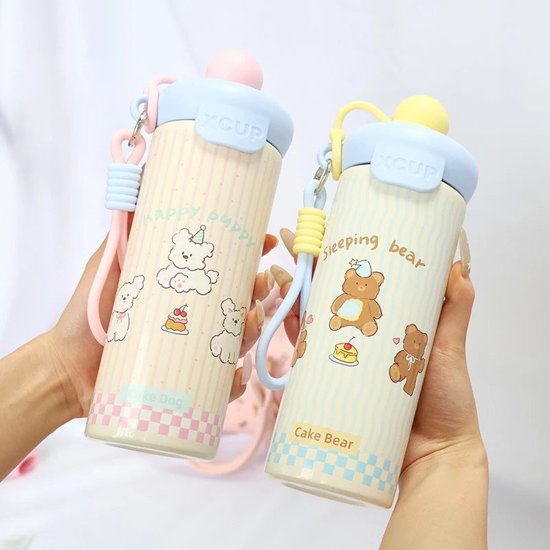 〔R〕Cartoon Animal Float Ball Water Bottle - 316 Stainless Steel Insulated Tumbler with Straw & Carry Strap for Kids and Students